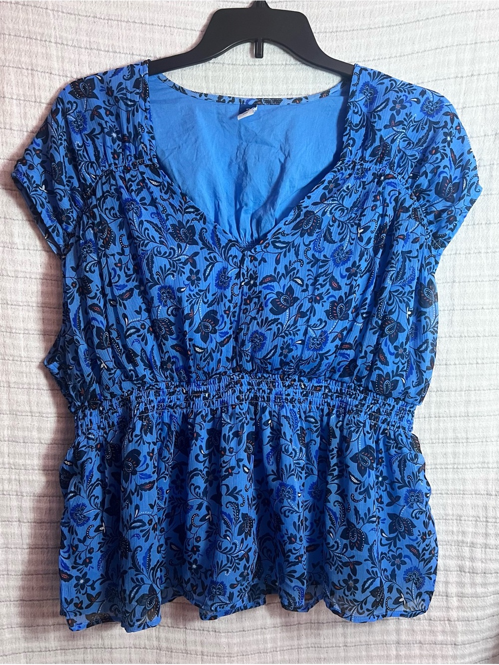 Old Navy Blue Floral V-Neck Peasant Blouse with Black Print